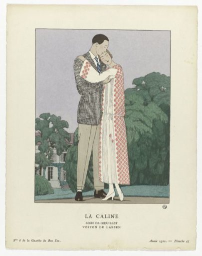 Gazette du Bon Ton, 1922, No. 6, Pl. 43: La Caline Dress by Doeuillet / Jacket by Larsen