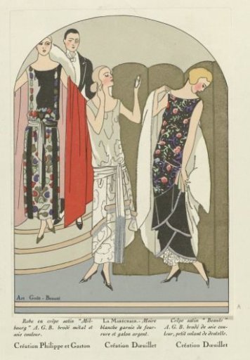 Art - Goût - Beauté, Feuillets de l' élégance féminine, January 1924, No. 41, 4th Year, p. 10: Creation by Philippe et Gaston / Creation by Doeuillet / Creation by Doeuillet