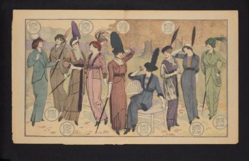 La Mode, 18th Year, No. 4-12 October 1913: double page with various kimonos and suit coats