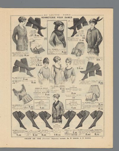 At the Louvre, Paris: Monday, March 2: Summer novelties: page 21: page with advertisements for ladies' undergarments and stockings