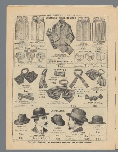 At the Louvre, Paris: Monday, March 2: Summer novelties: page 28: advertisements for men's hats, ties and bow ties, collars and shirts.