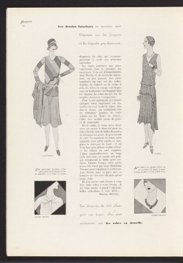 Femina, Mars 1928: 10: Two standing women in dresses by Jane Régny and Goupy, and two details of dresses by Lucien Lelong