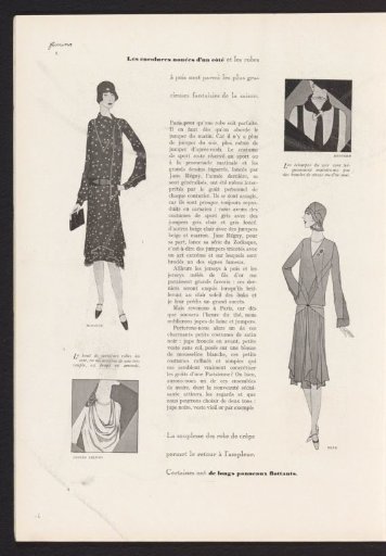 Femina, March 1928: 6: two women in dresses by Mirande and Beer with two details of dresses by Lucien Lelong and Redfern