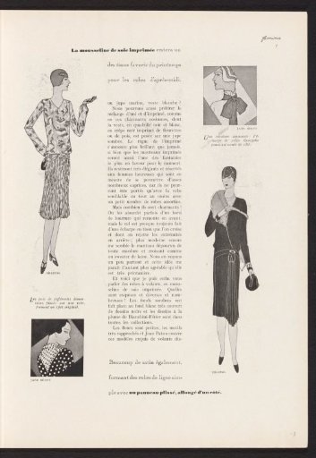 Femina, March 1928: 7: two standing women in dresses by Chantal and two details of dresses by Jane Régny