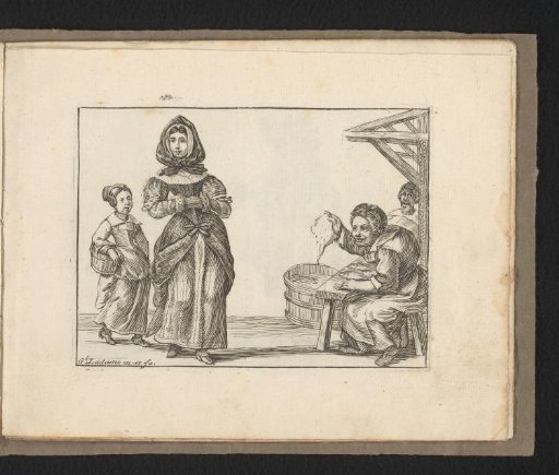 Richly dressed woman and a girl at a fishmonger's