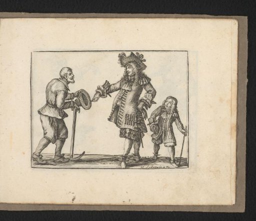 Wealthy man with a boy giving alms to a beggar
