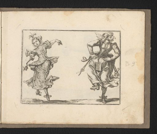 Two female commedia dell'arte figures, dancing with masks