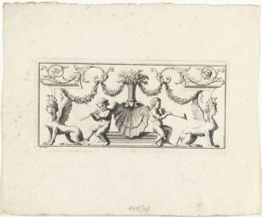 Music-playing putti with flute and horn next to a shell