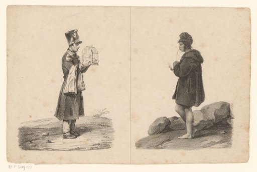 Soldier with Birdcage and Man Smoking a Pipe