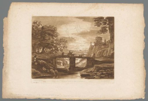 Low Sun Shining over a Mountainous Landscape with a Bridge and Shepherdess at Tivoli