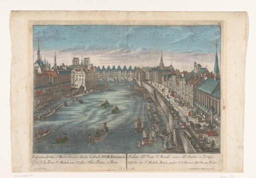 View of the built-up Pont Saint-Michel over the river Seine in Paris