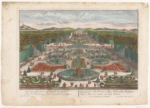 View of an avenue with fountains on the right side of a garden