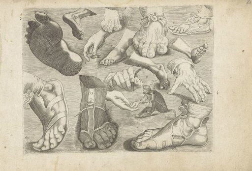 Study sheet with drawing examples: hands, feet, and a monkey