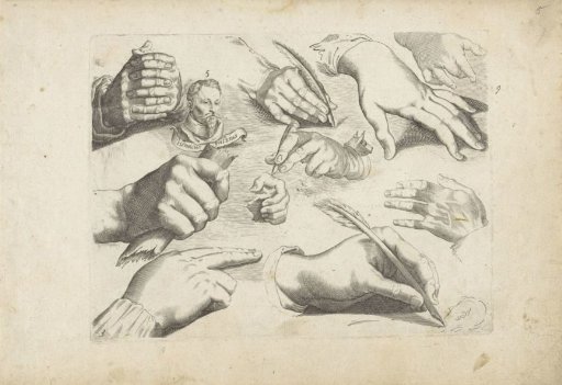 Study sheet with drawing examples: hands and portrait of Hendrick Goltzius