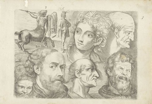 Study sheet with drawing examples: centaur, standing figure, and heads