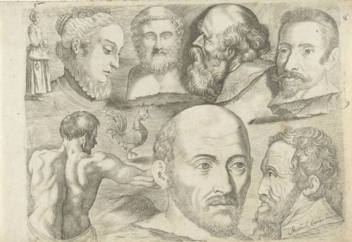 Study sheet with drawing examples: standing figure, rooster, and heads
