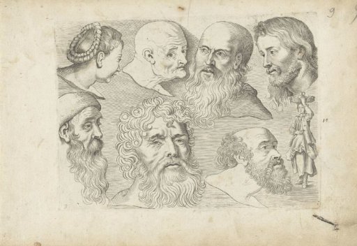 Study sheet with drawing examples: heads and standing figure
