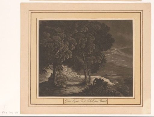 Evening landscape with a man and a dog, a lightning bolt in the distance