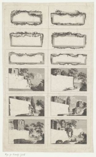Untrimmed sheet with twelve vignettes intended as labels
