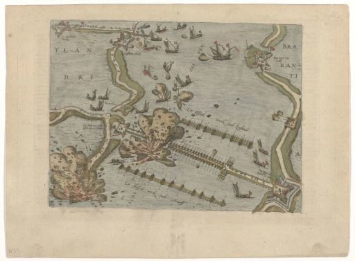The bridge of ships of Parma over the Scheldt blown up, 1585