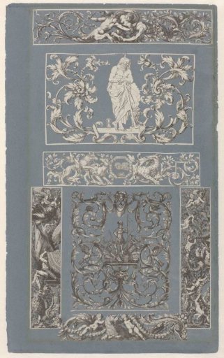 Collage of cut-out prints pasted on an album page of blue paper