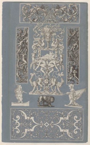 Collage of cut-out prints pasted on a blue paper album page