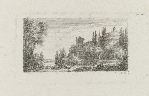 Landscape with a reading monk in front of a Gothic building and a depiction of a landscape with a round building