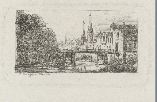 Landscape with an arch bridge before a ruin and a city view with a bridge