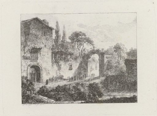 View of buildings and a procession of figures at a gate