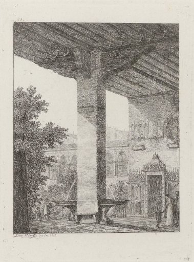 Courtyard with two fountains on either side of a pillar