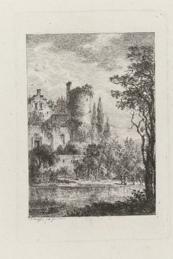 View of buildings and a round tower on a shore