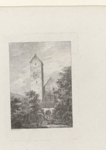 View of a church in a wooded landscape