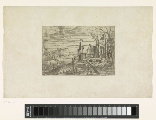 Landscape with ancient ruins and a fisherman