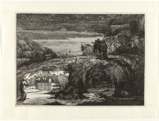 Night landscape with figures in togas at an ancient sanctuary