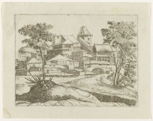 Landscape with trees and buildings