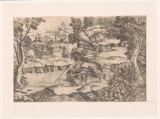 Fantastic landscape with a stream, waterfall, and antique ruins