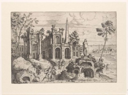 Landscape with ancient ruins, sculpture and obelisk