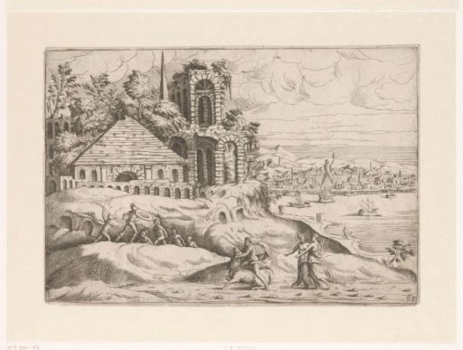Landscape with ancient ruins and the Colossus of Rhodes