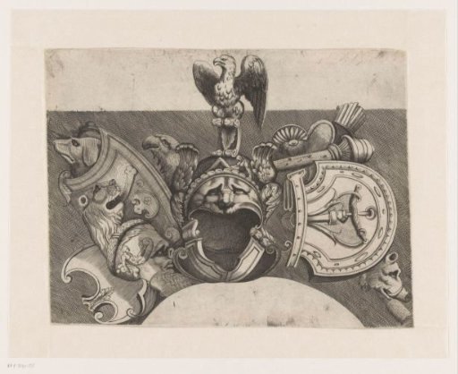 Ornament with helmet, shield, eagle, and lion