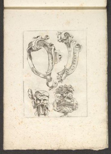 Two cartouches, an ornamental head, and a vase