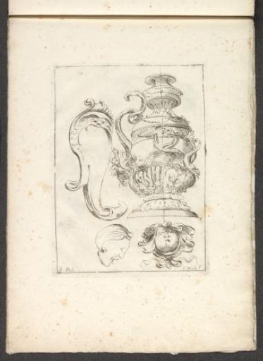 Two ornamental heads, a vase, and a cartouche