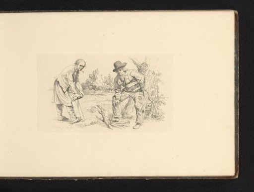 Landscape with a man sawing wood and a man binding branches