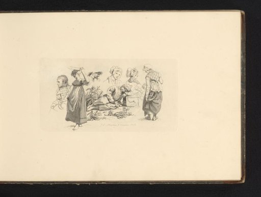 Study sheet with female figures, a soldier, and a sleeping boy