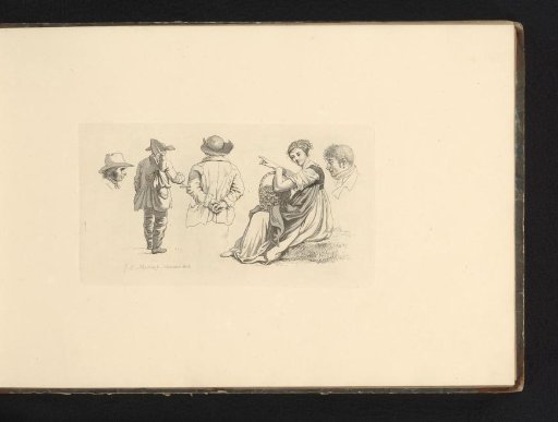 Study sheet with heads, two men seen from the back, and a seated woman