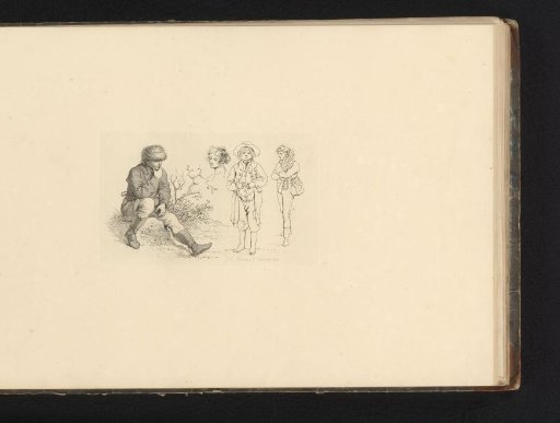 Study sheet with a seated figure, two standing figures, and a portrait