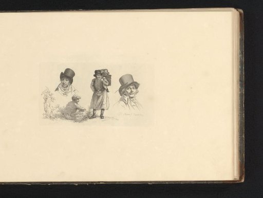 Study sheet with two men carrying baskets and two portraits of men in tall hats
