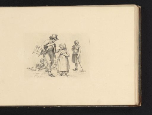 Man with a chest on his back beside a girl and three other figures