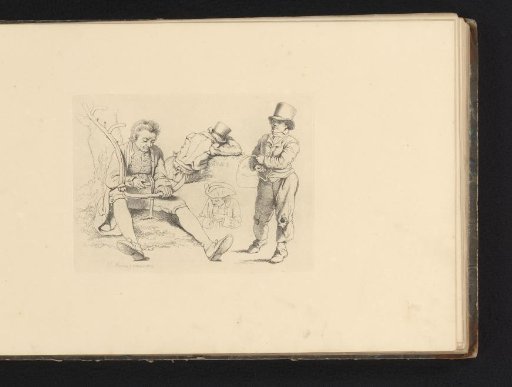 Study sheet with figures, including a man sharpening a scythe