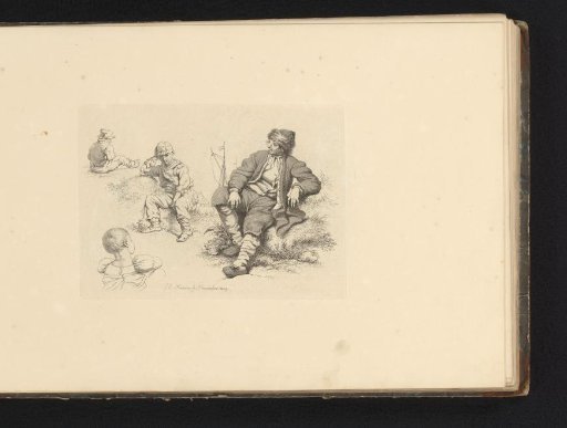 Study sheet with figures, including a man sitting in the grass by a harbor