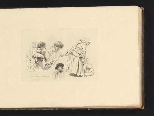 Study sheet with sketching men, a peasant woman with a yoke, and a portrait